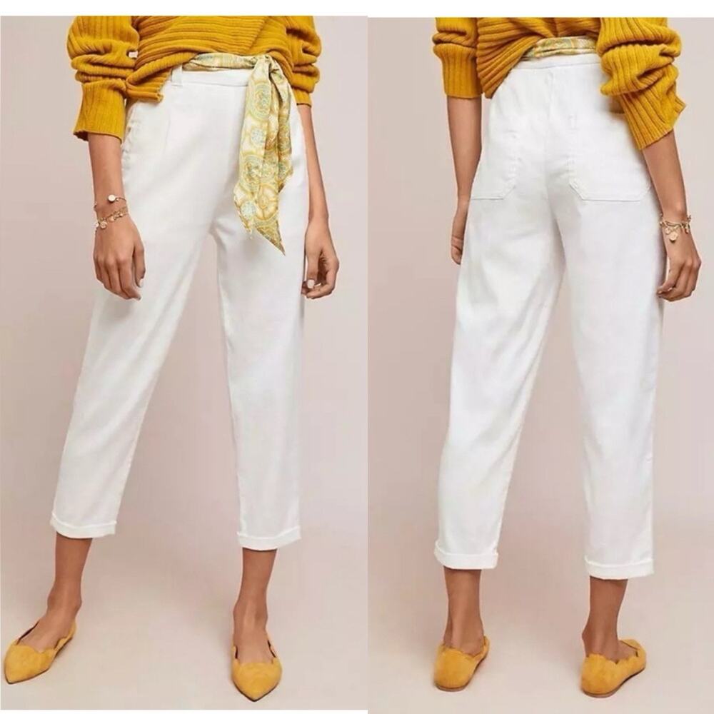 Anthropologie by Ett Twa Nias Pants Linen Cotton Sz 14 White Cropped Tapered